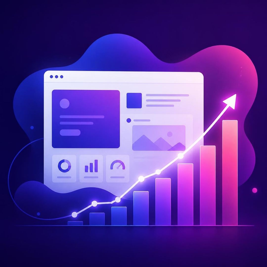 Analytics dashboard with traffic and rankings trending upward